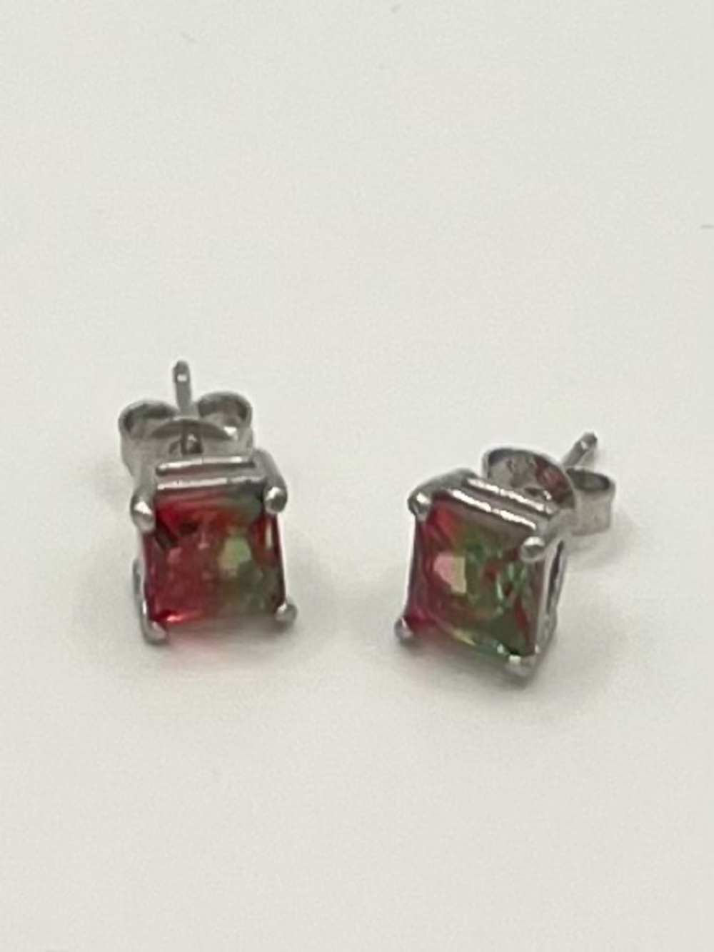 Sterling Silver Princess Cut Watermelon Tourmaline Earrings